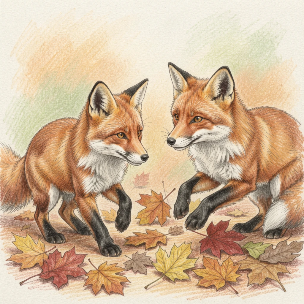 A family of red foxes playing among autumn leaves, set against a warm, softly blurred background, capturing a heartwarming, tender connection.