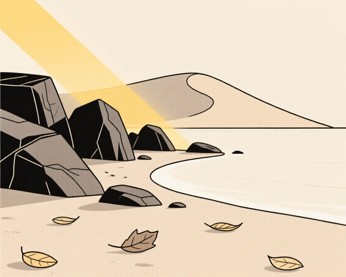 Sunlight falling across a rocky coastline as a desert dune moves slowly past a scattering of fallen leaves, evoking quiet wonder.