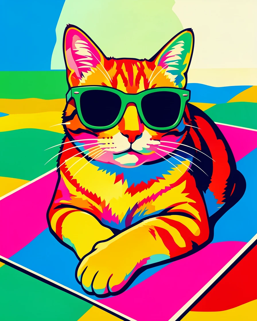 Cat wearing sunglasses lounging on a beach towel