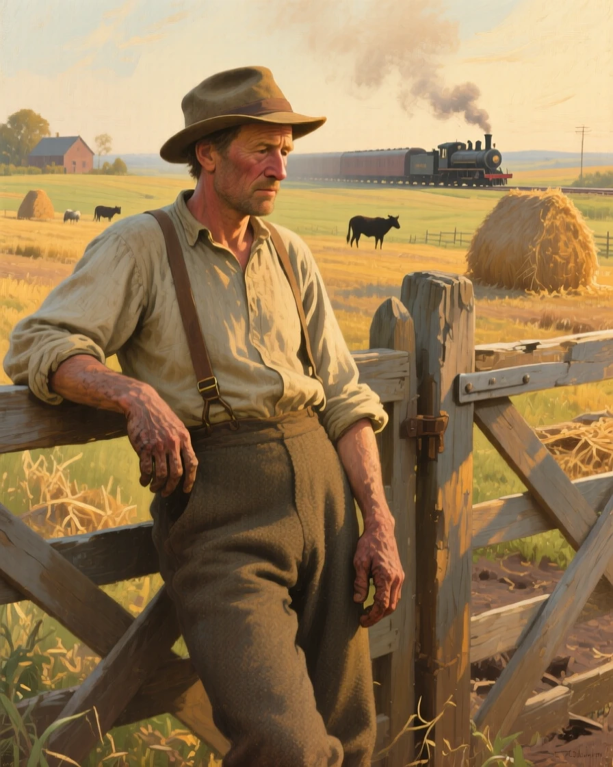 A detailed close shot of a farmer resting on a wooden gate after a long day's work, in late afternoon, in the golden age of steam travel.
