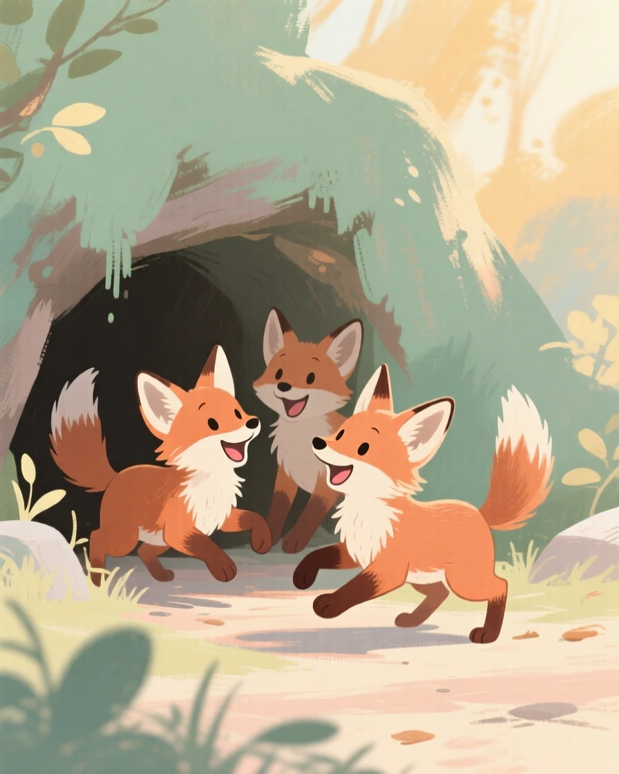 A litter of fox cubs playing outside their den