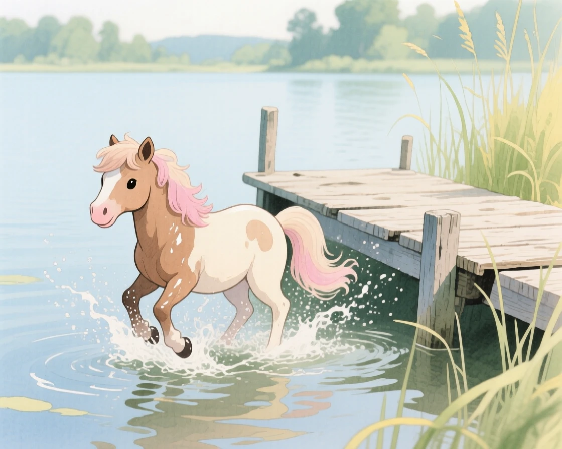 A miniature pony splashes playfully in a quiet lakeside dock, while a gentle breeze stirs the grass
