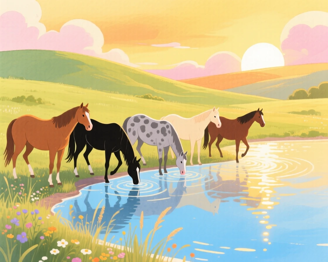 A herd of wild horses exploring the edge of a sparkling lake at the golden hour.