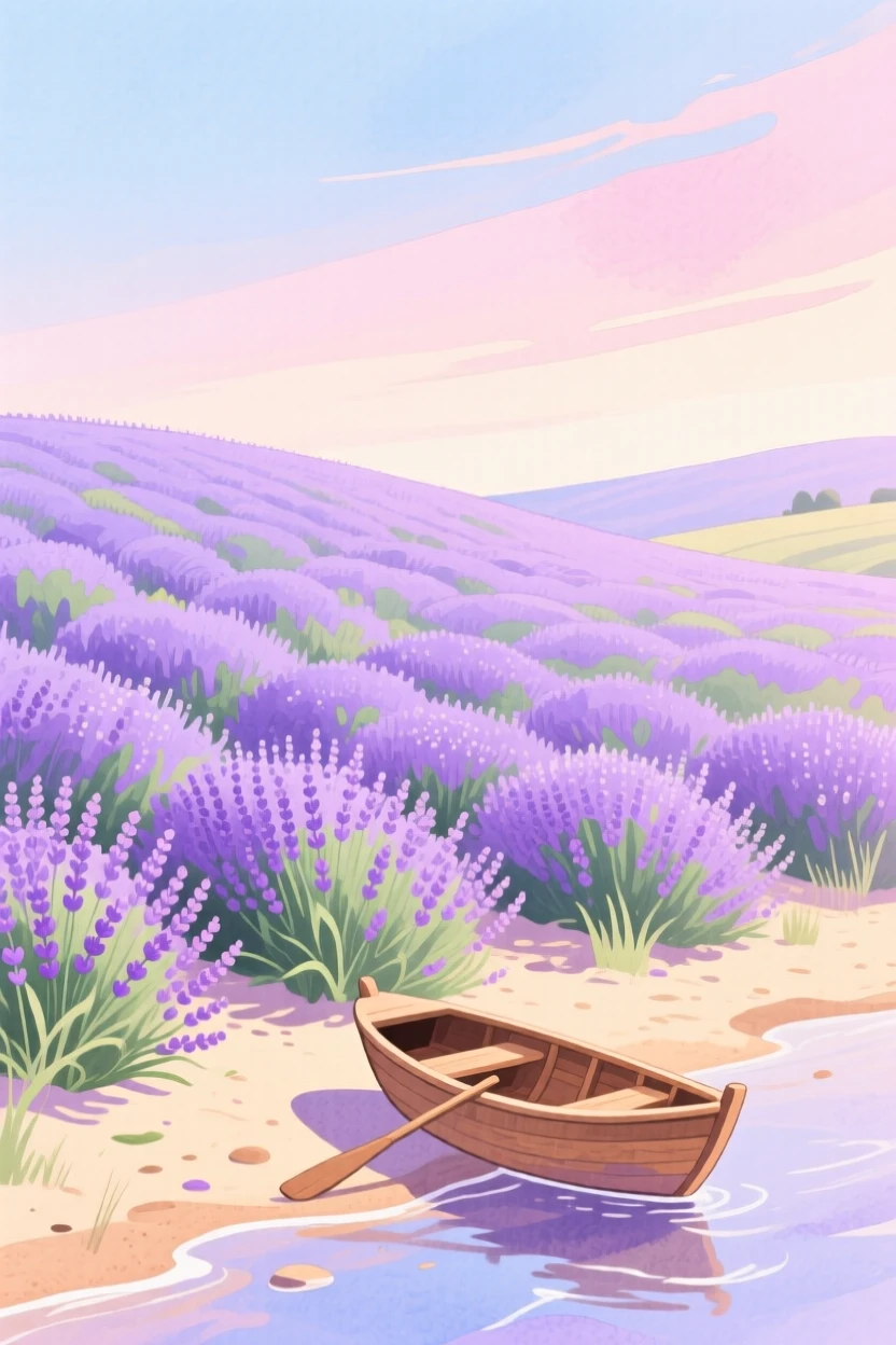 Rolling lavender fields stretching to a pastel horizon, with a lone wooden boat resting on the shore, filled with quiet majesty and stillness.