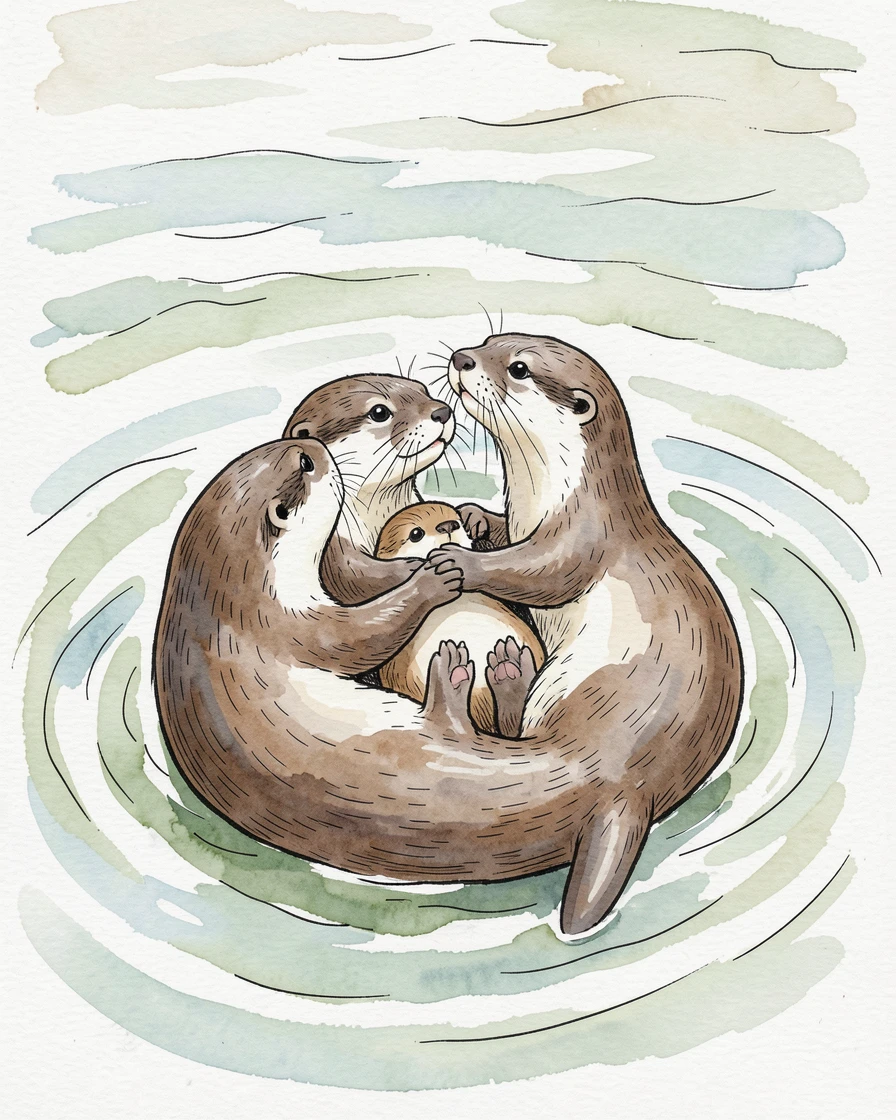 A family of otters floating on their backs in a calm river, holding paws together as they drift