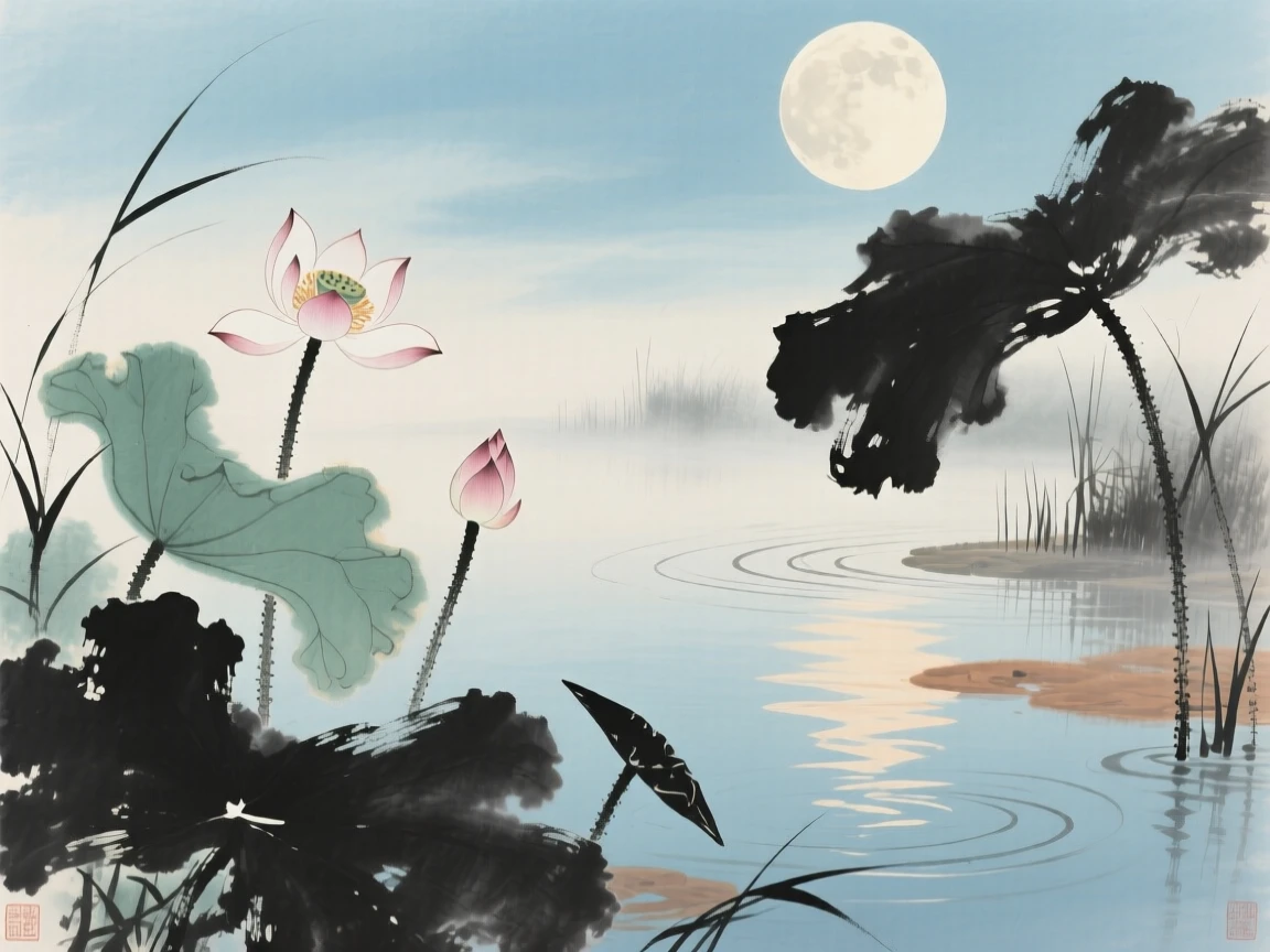 Lotus flowers opening at first light above a still pond, under a full moon, in the height of summer, through swirling morning fog.