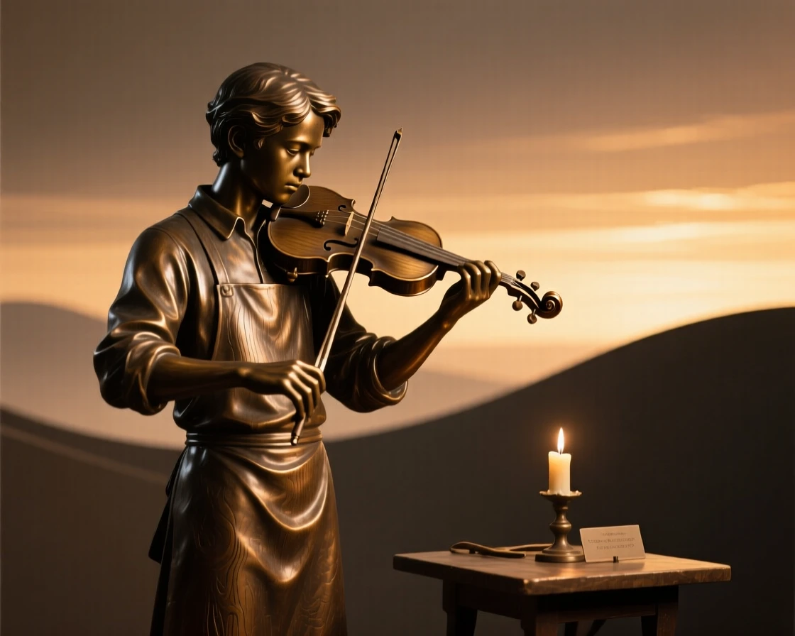 A young violin maker examining a finished instrument by candlelight, silhouetted against a glowing horizon, forming a strong central focal point