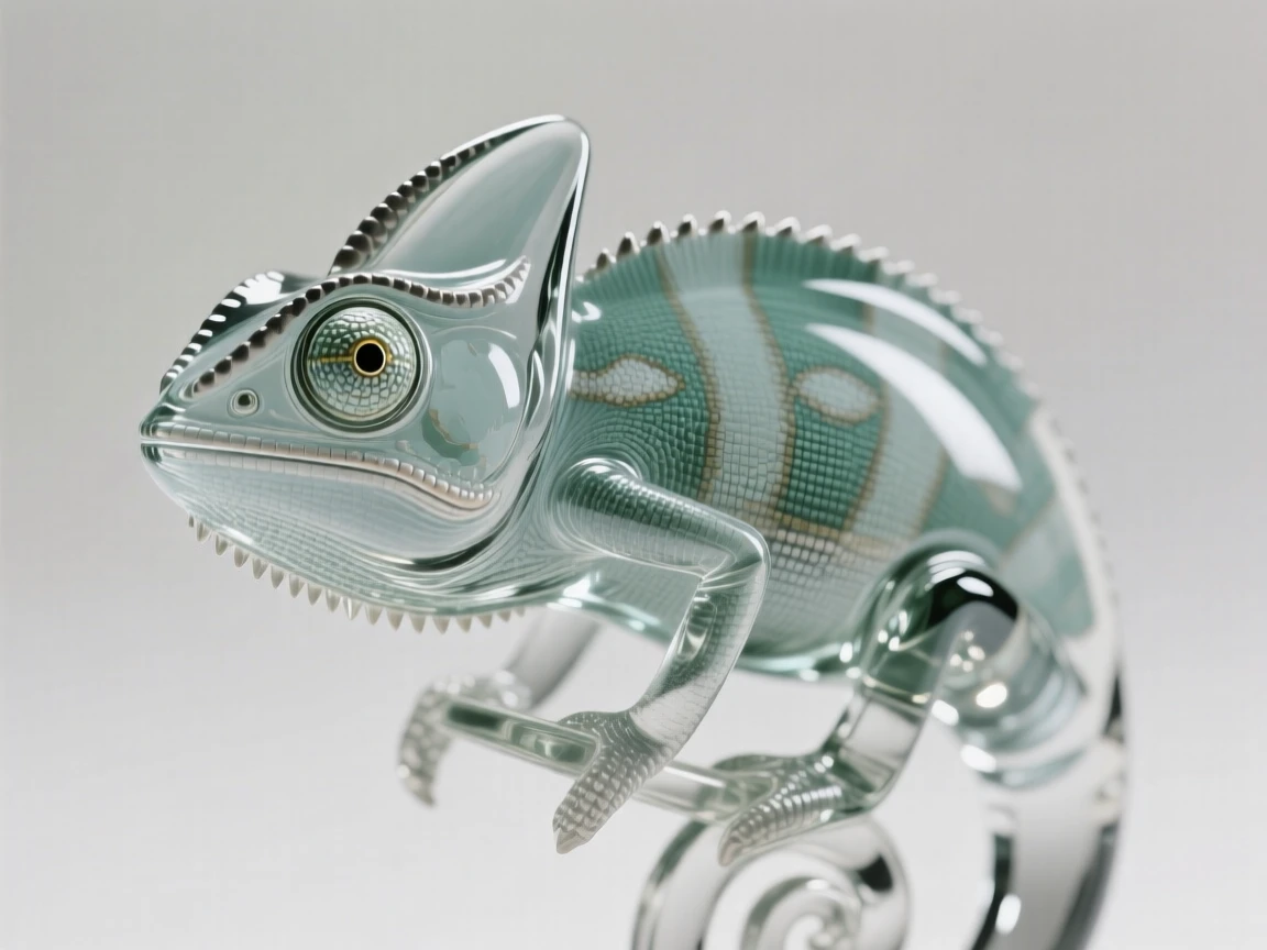 A close-up portrait of a chameleon, its eyes sharp and expressive, framed by soft bokeh foliage, radiating quiet dignity.