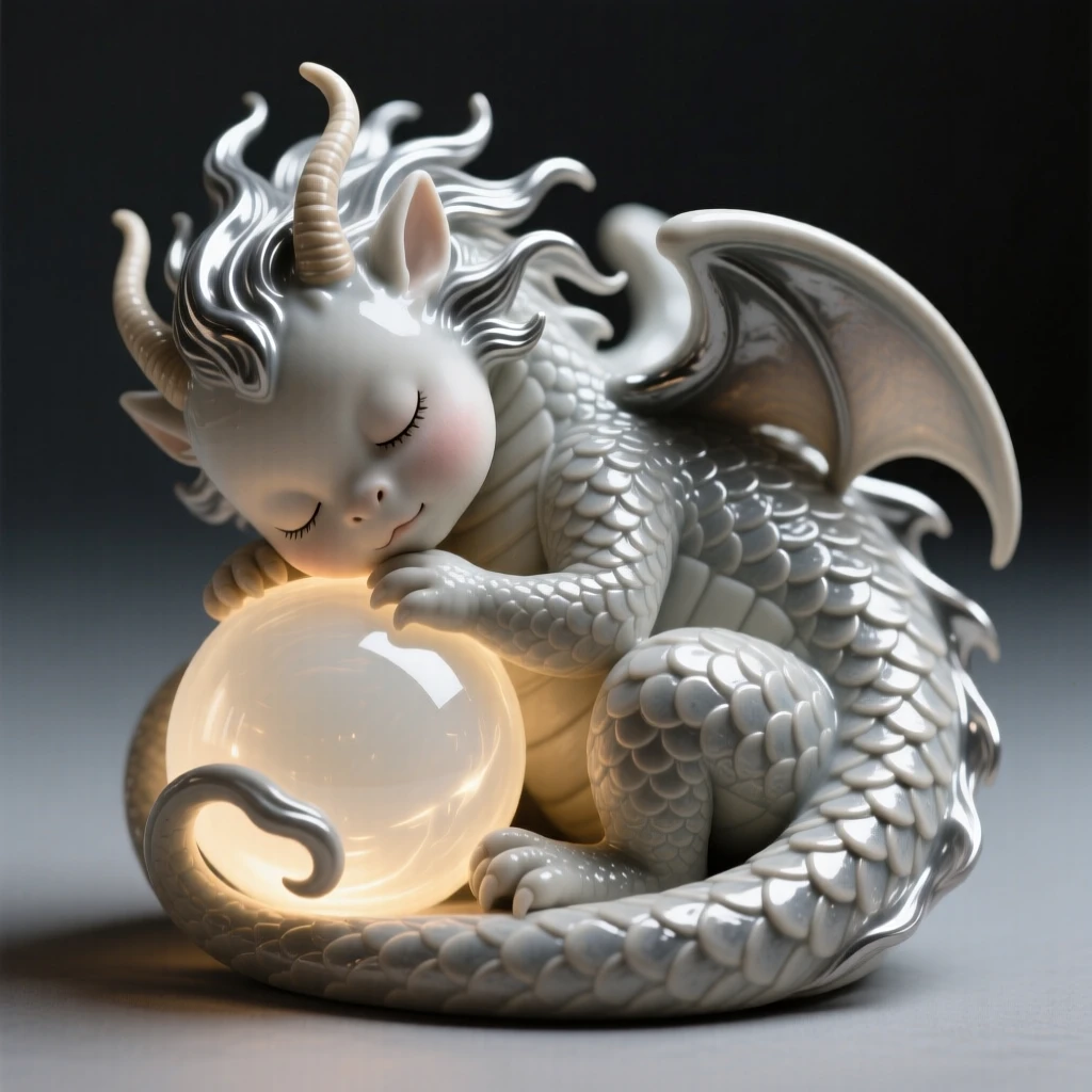 A sleeping baby dragon curled around its tail coiled protectively around a glowing orb, with a mane that flows like liquid silver, evoking timeless wonder and ancient magic.