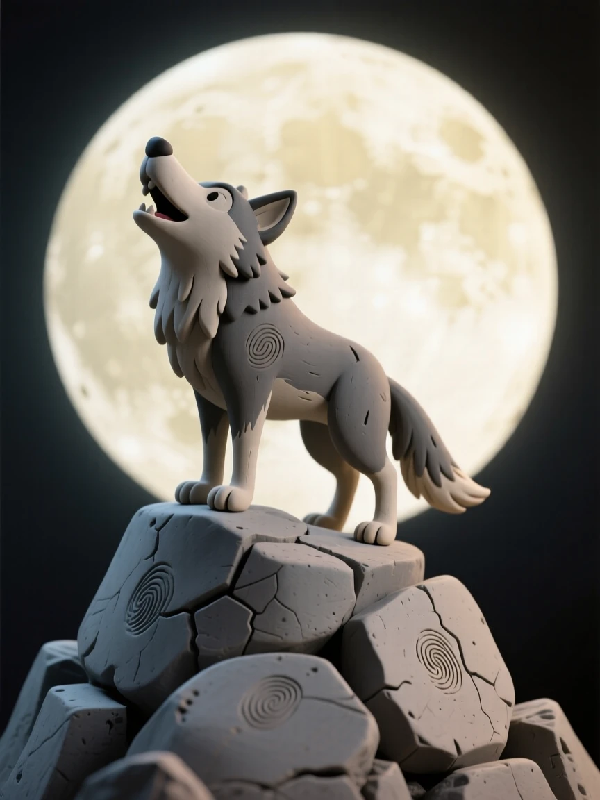 A wolf howling atop a rocky peak silhouetted against a full moon