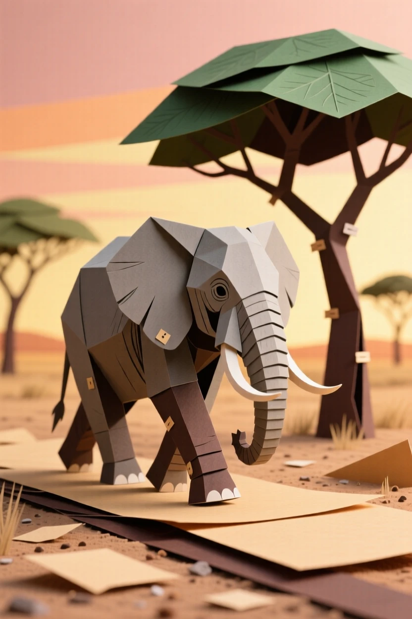 A wise old elephant walking alone across a dusty savanna at golden hour, long shadows stretching behind it, distant acacia trees silhouetted against the sky, evoking quiet dignity.