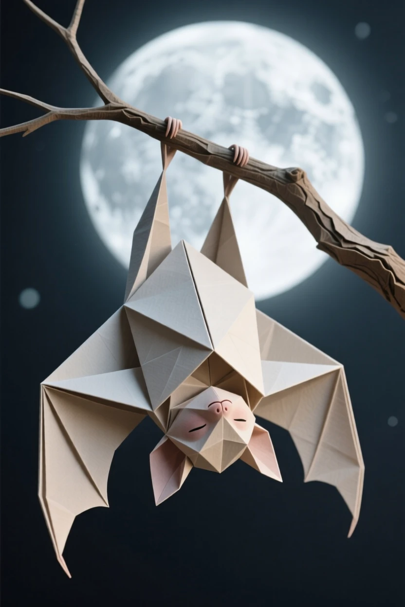 A baby bat hanging upside down from a branch, wings wrapped around itself like a tiny cloak, moonlight behind it.
