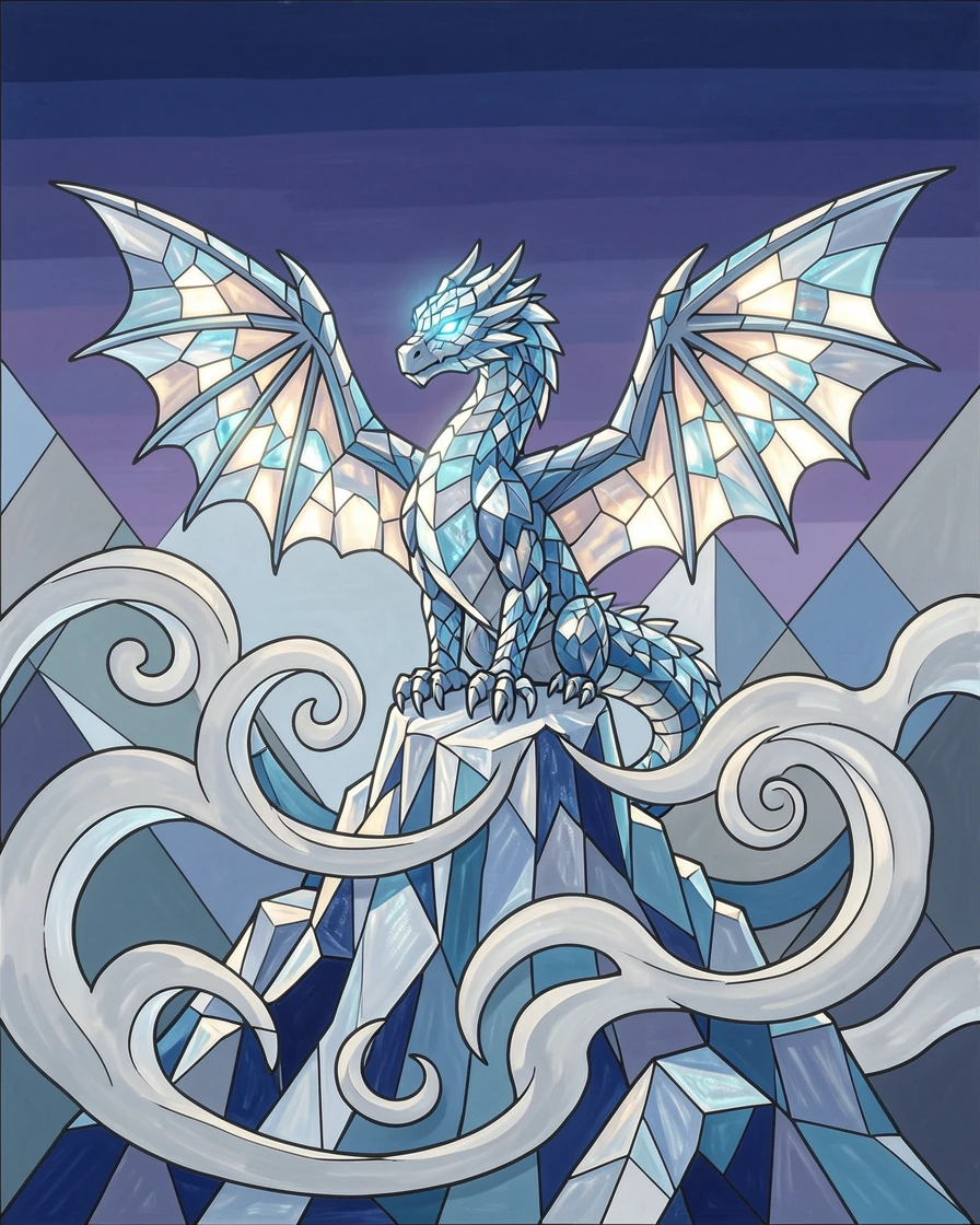 An epic fantasy scene of a majestic ice dragon perched on a frozen glacier peak, with swirling mist and glowing highlights.