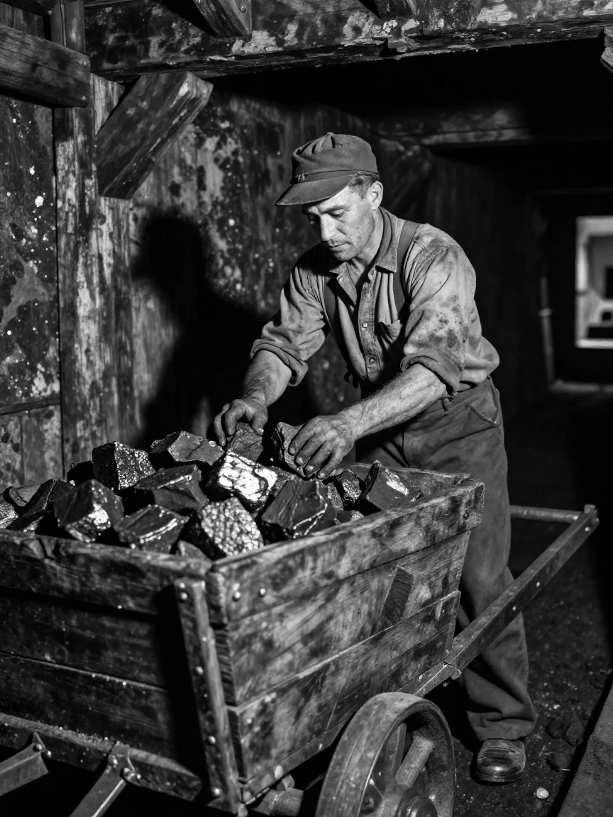 A miner loads a cart with freshly hewn coal beside a dimly lit mine shaft.