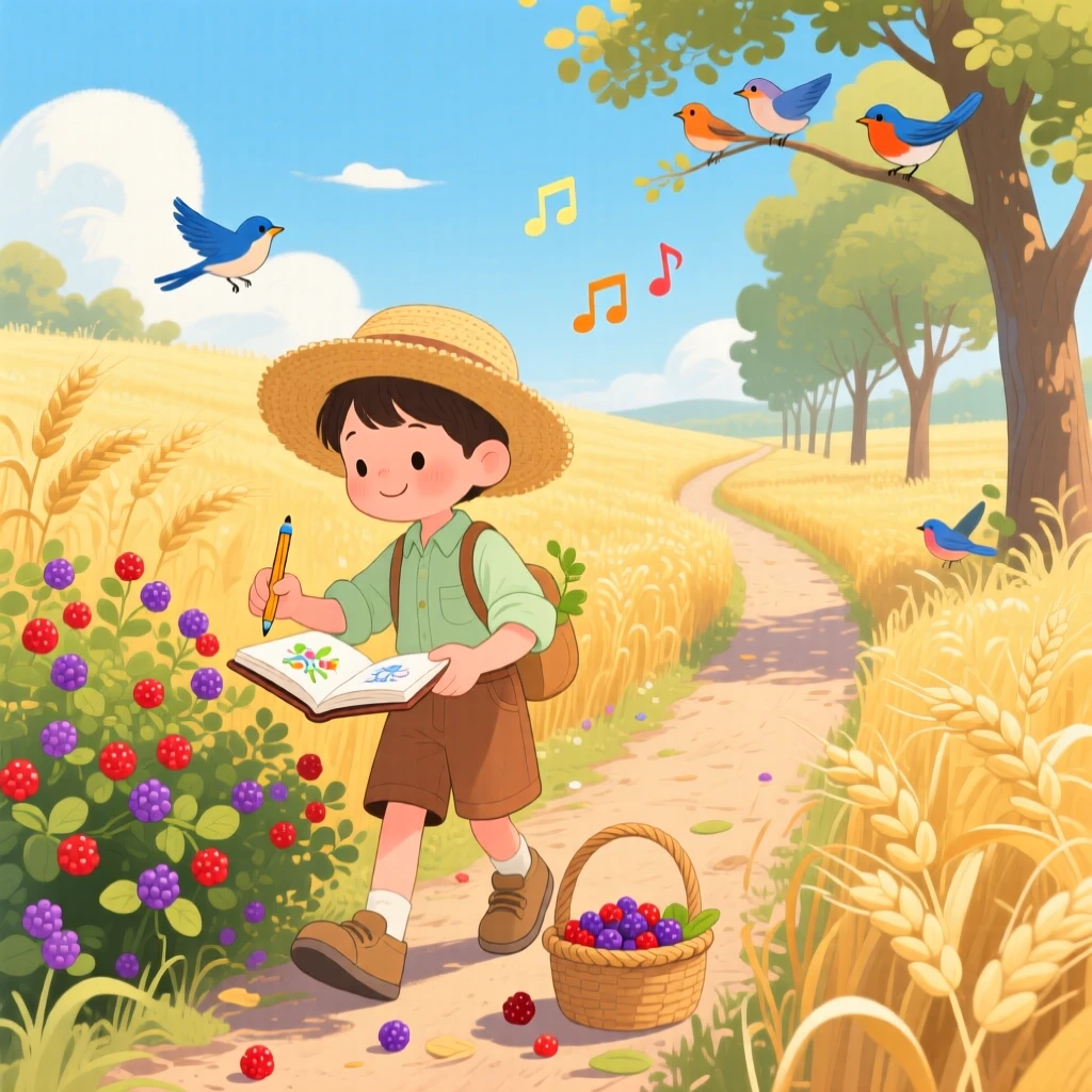 A young botanist with a sketchbook spends the day picking wild berries along a sunny trail through a golden wheat field, with birdsong echoing through the trees.