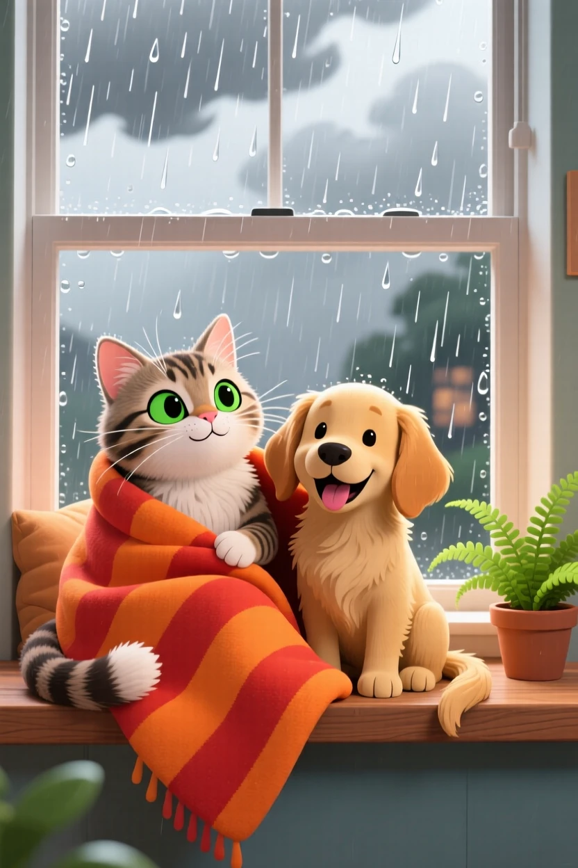 A cat and a dog sharing a blanket by a window on a rainy day.
