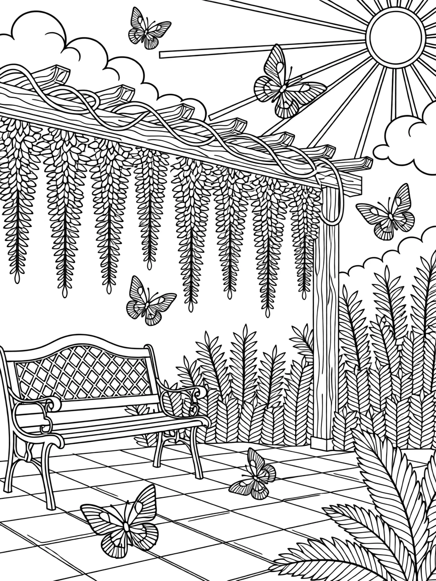 A wisteria-covered pergola dripping with cascading purple blossoms.