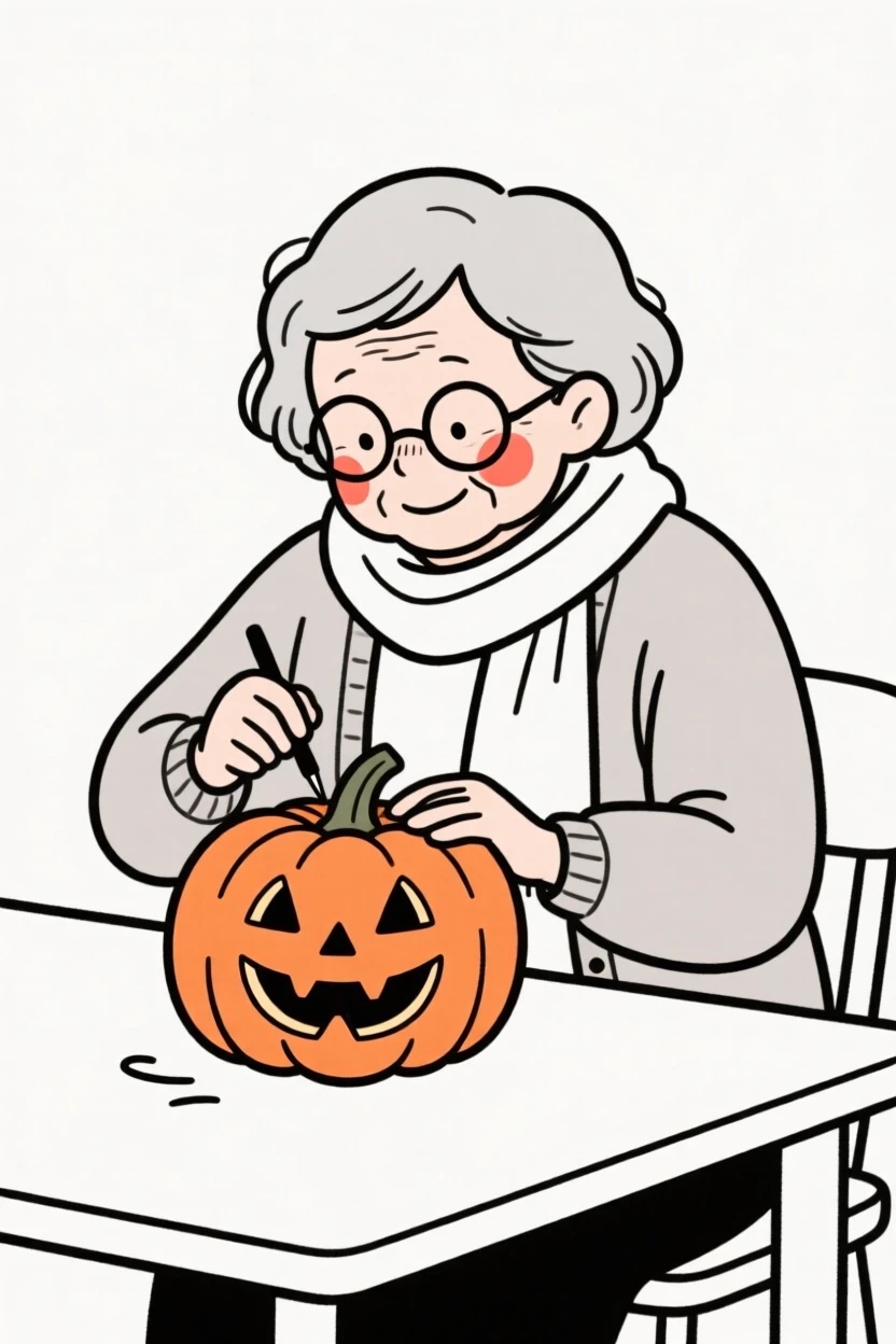 An elderly woman carving a pumpkin for Halloween.