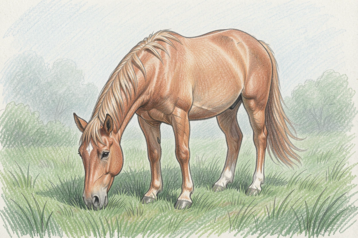 A gentle horse grazing in a misty green pasture, with a sense of stillness and quiet trust in its posture, full of playful curiosity and joy.