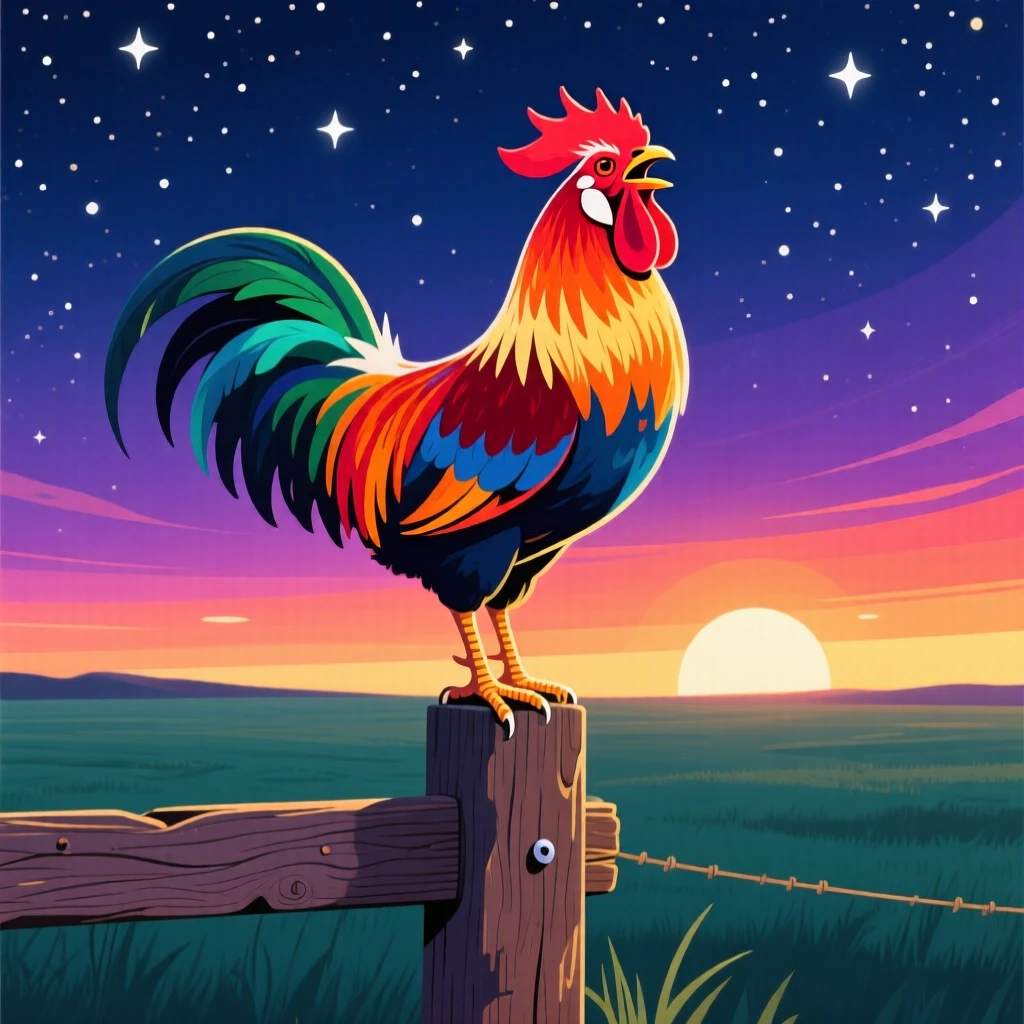 A colorful rooster crowing at sunrise on a fence post, set against a starry night sky over open plains, captured in profile with soft rim lighting, with vivid, richly saturated colors that pop.