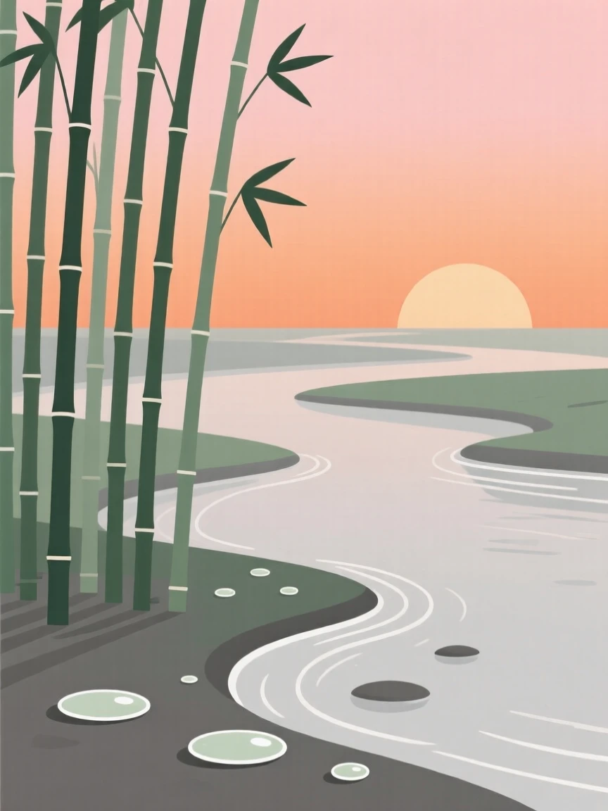 A bamboo grove, standing at the edge of a river delta at sunset, with droplets of morning dew nearby, evokes quiet solitude.
