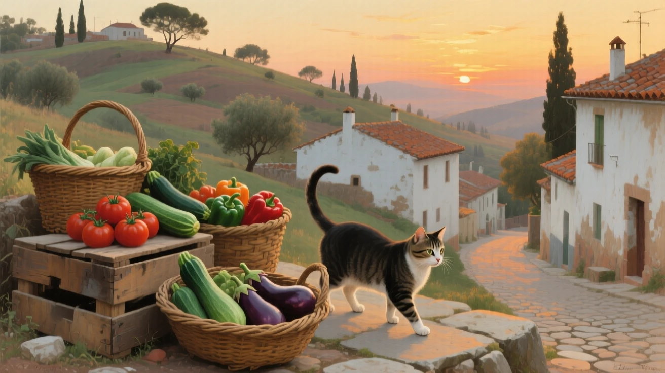 A panoramic view of a farm cat weaving between baskets of freshly picked vegetables, in the last light of sunset, in a Spanish hill town.