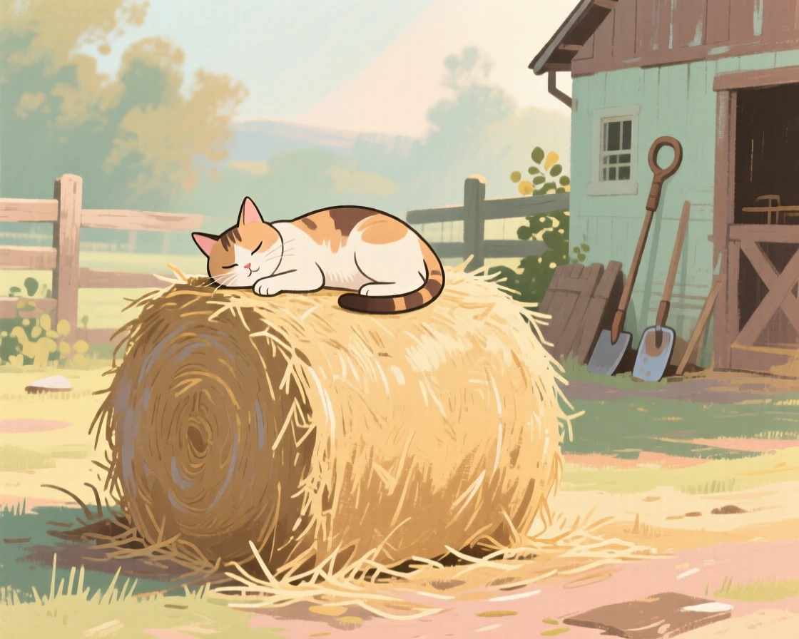 A quiet barnyard scene with a cat dozing atop a hay bale