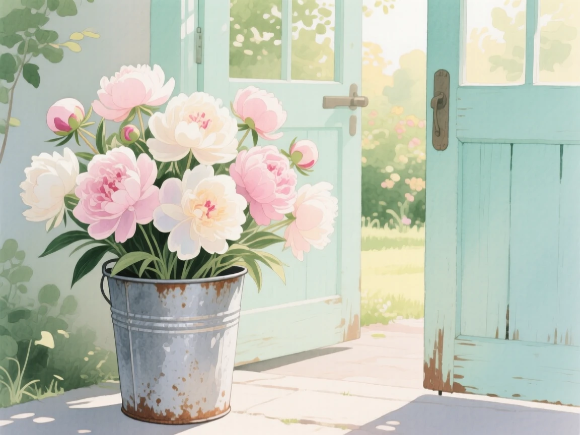 A bouquet of peonies in soft, layered tones fills a rustic tin bucket beside an open garden door, petals catching the gentle light