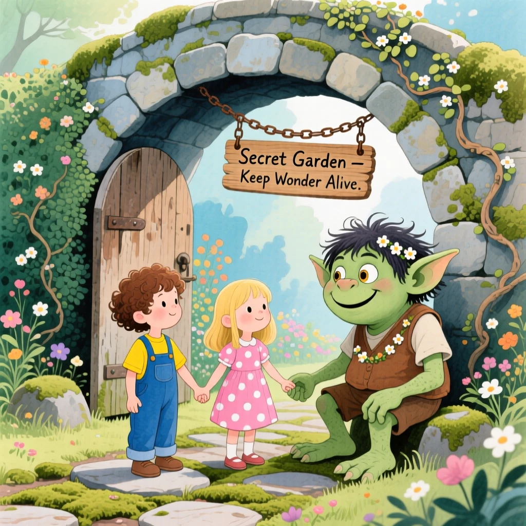 Twin siblings holding hands meeting a friendly troll under a bridge in a secret garden behind an old door.