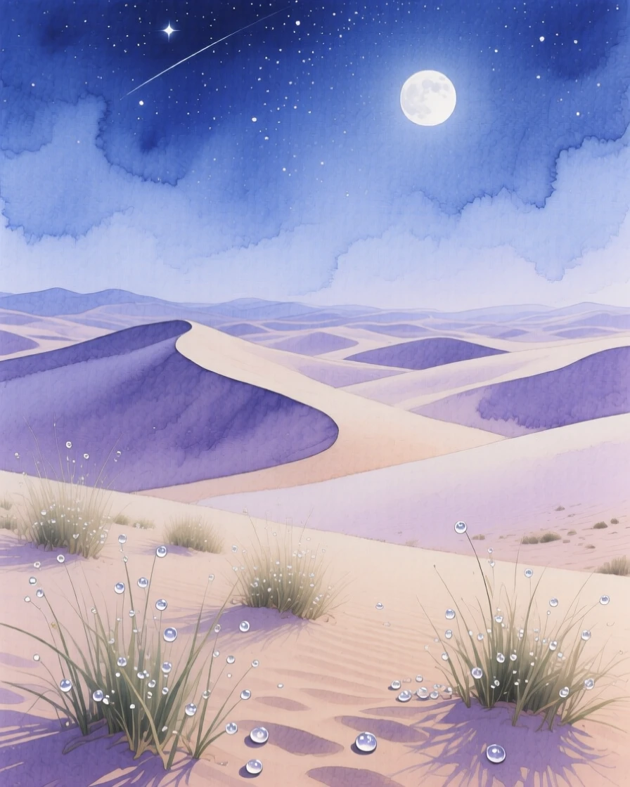 A star-filled night sky over a silent desert dune, with morning dew glistening on the grass, filled with quiet majesty and stillness.
