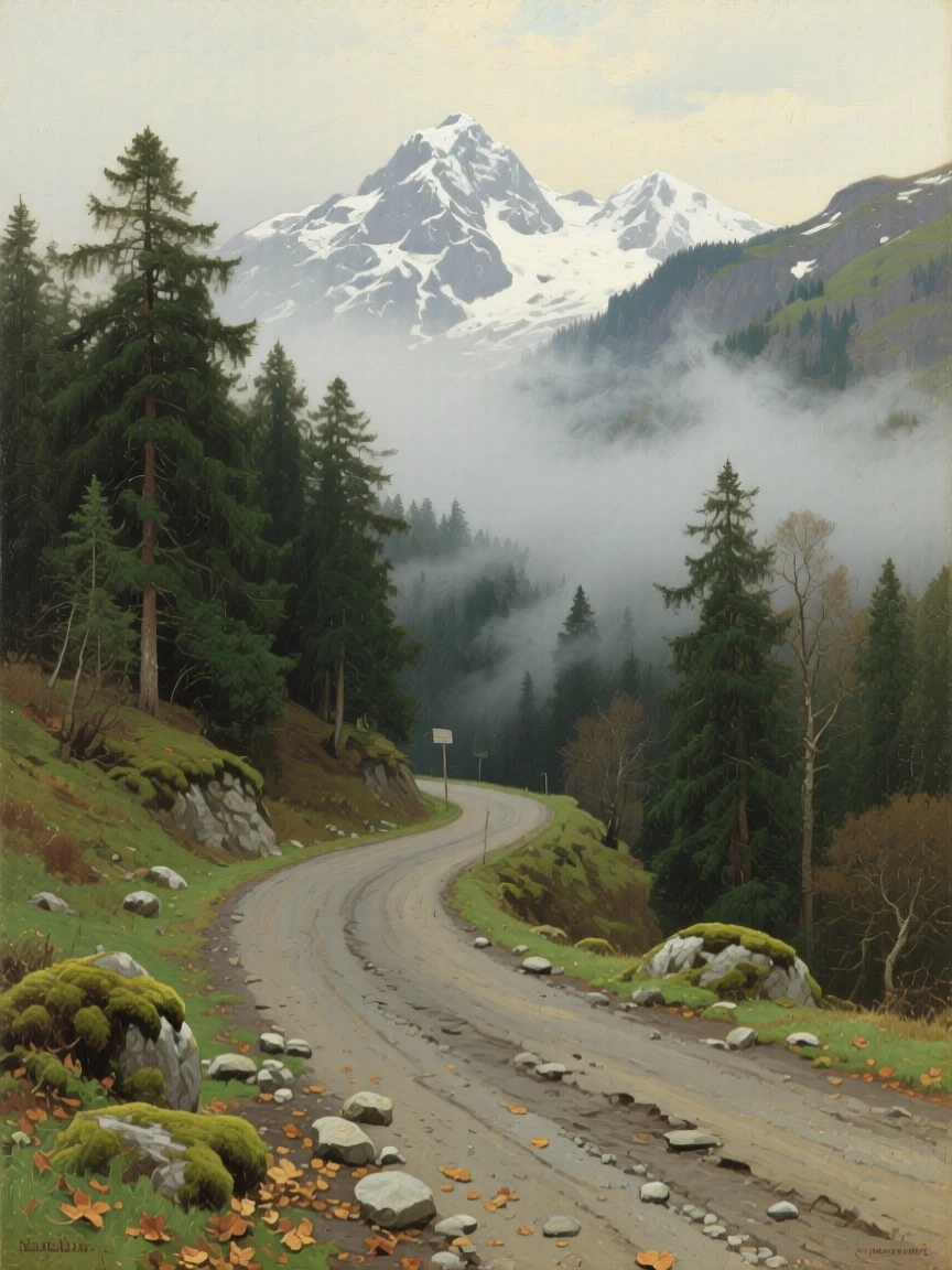 A mountain pass road winding through dense fog and pine trees, as snow dusts the highest peaks in the distance, offering a moment of stillness amid overwhelming natural beauty