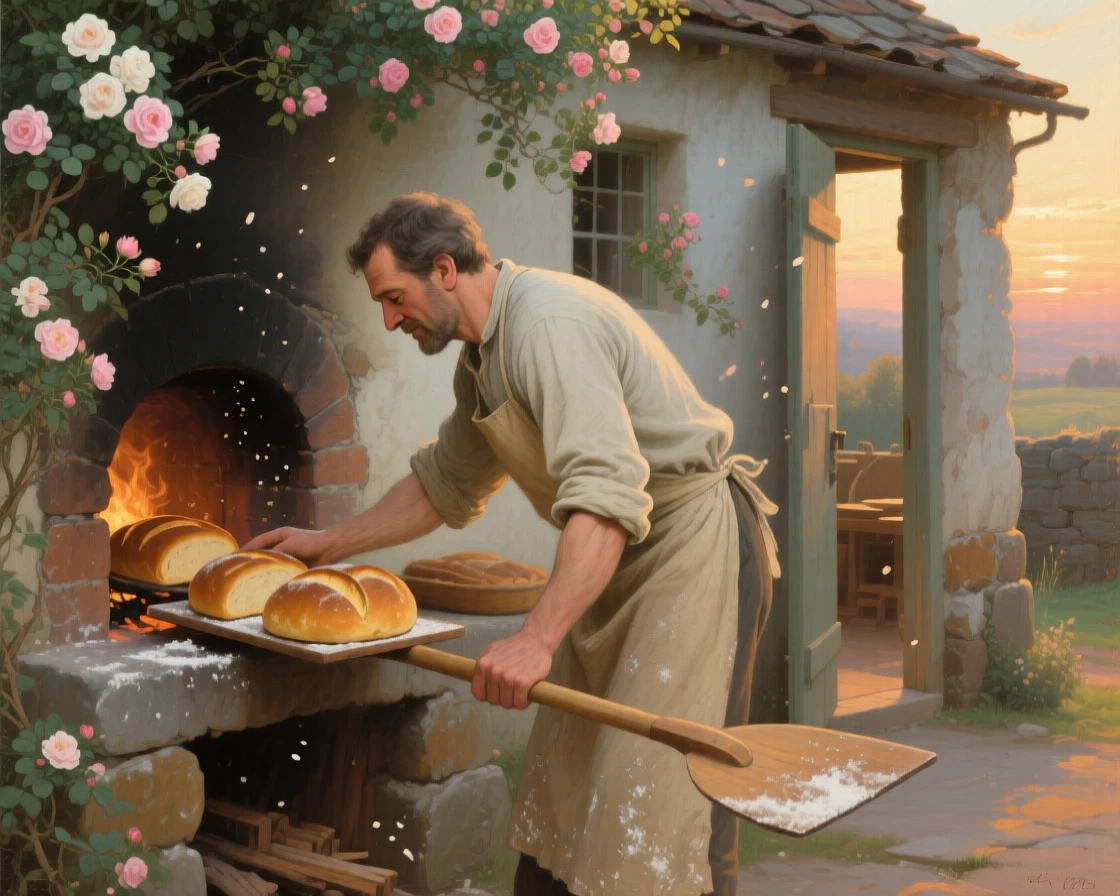A baker pulling fresh loaves from a wood-fired oven at dawn at the gentle heart of a simple daily ritual, set beside a rustic cottage framed by climbing roses, with soft morning light catching dust and flour in the air; the composition finds quiet monumentality in an everyday gesture, filled with gentle humor, warmth, and community spirit.