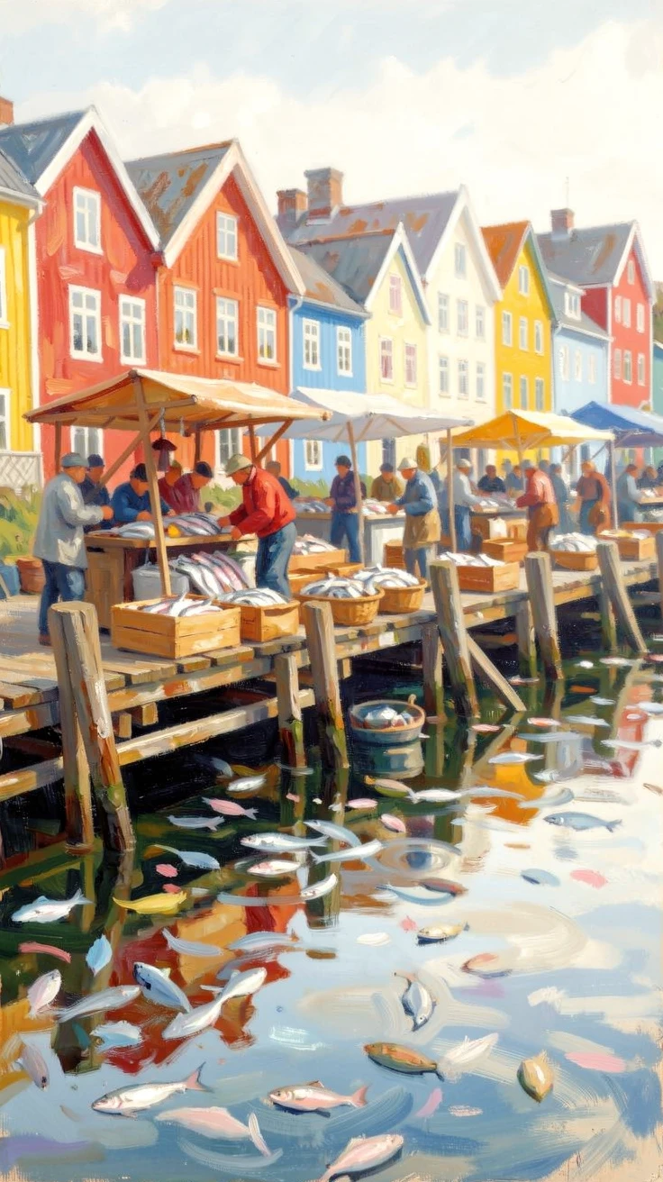 A busy fish market on the docks of a Norwegian fishing village beneath colorful wooden houses.