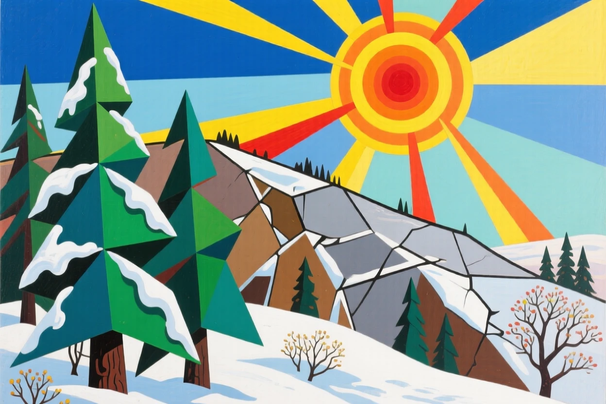 A sweeping wide view of a snow-dusted pine ridge under a blazing midday sun, in early spring.
