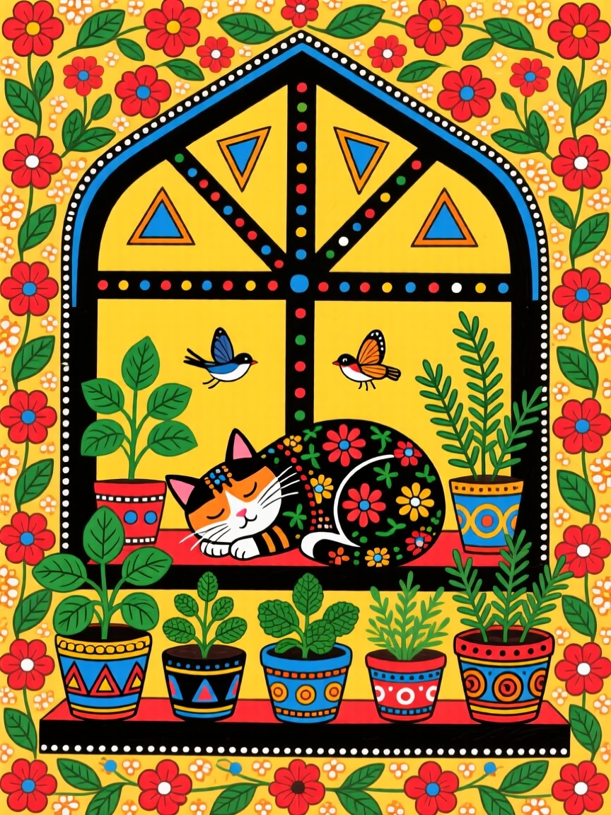A cat curled asleep on a warm windowsill filled with potted herbs.