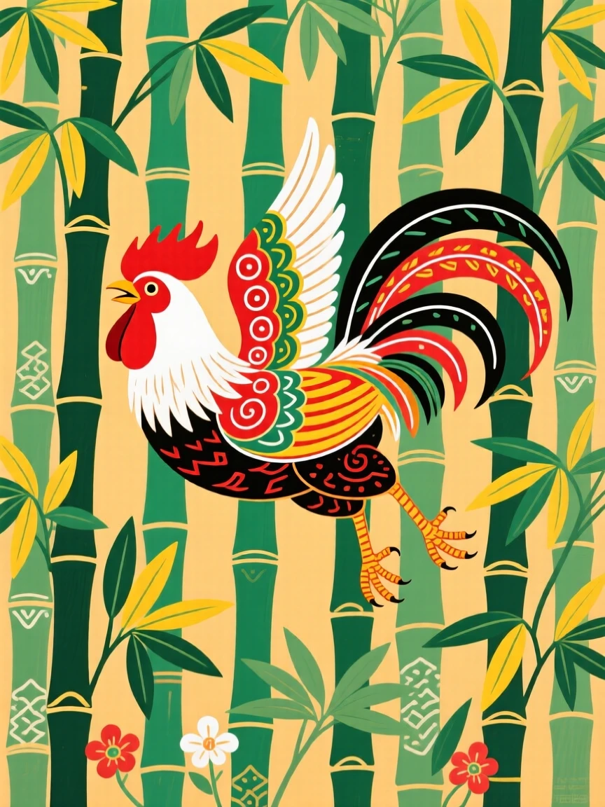 A rooster taking flight alone in a bamboo grove.
