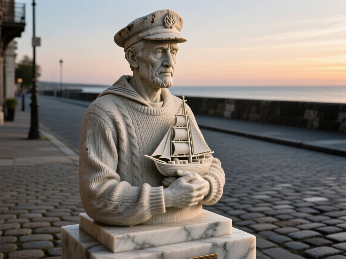 A tender portrait of an old sailor gazing at the horizon, cradling something precious close to their chest, on a quiet cobblestone street at dusk, evoking warmth and humanity