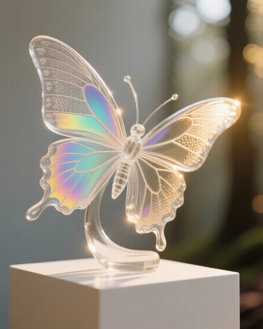 A butterfly with iridescent wings captured mid-motion against a soft-focus forest backdrop, golden hour light rimming its fur, conveying grace and wild energy.
