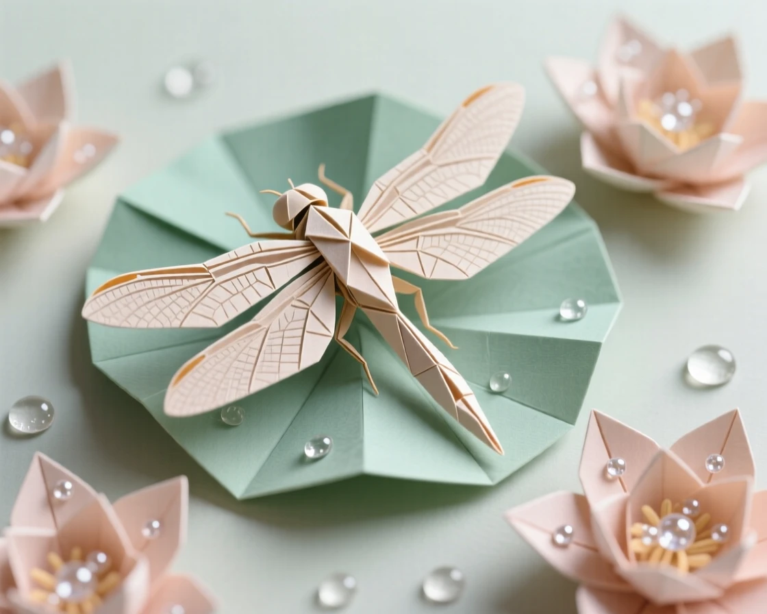 A dragonfly resting on a lily pad with wings outstretched, water droplets beaded on the petals around it.