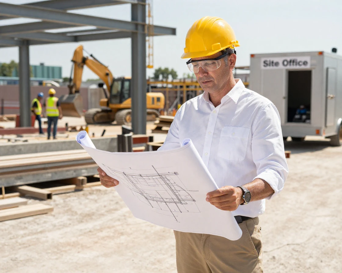 An architect reviewing blueprints on a construction site