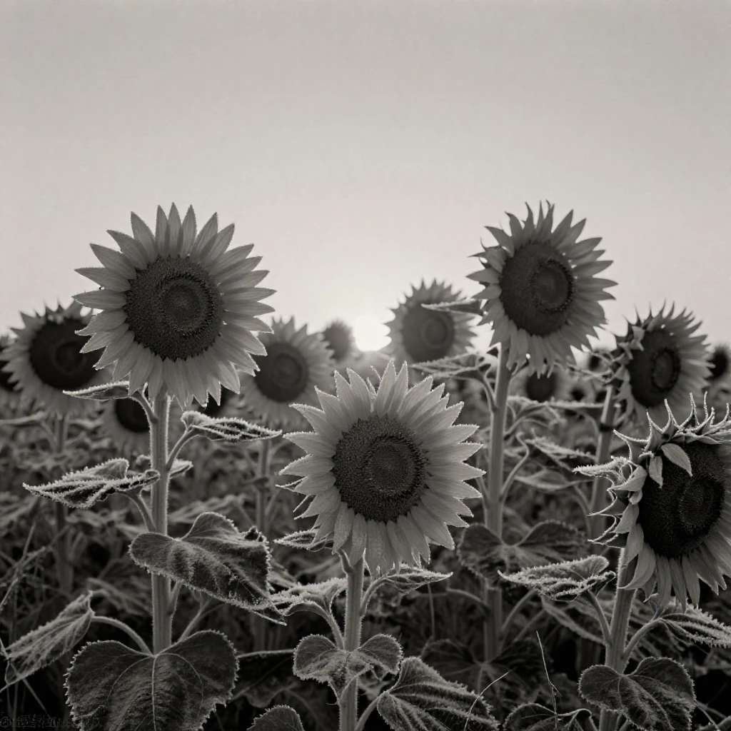A cluster of sunflowers turning toward the afternoon sun, under a pale winter sky, with frost coating every surface, in the depths of winter, with stark black-and-white contrast softened by a single warm hue, from behind, looking toward the horizon.