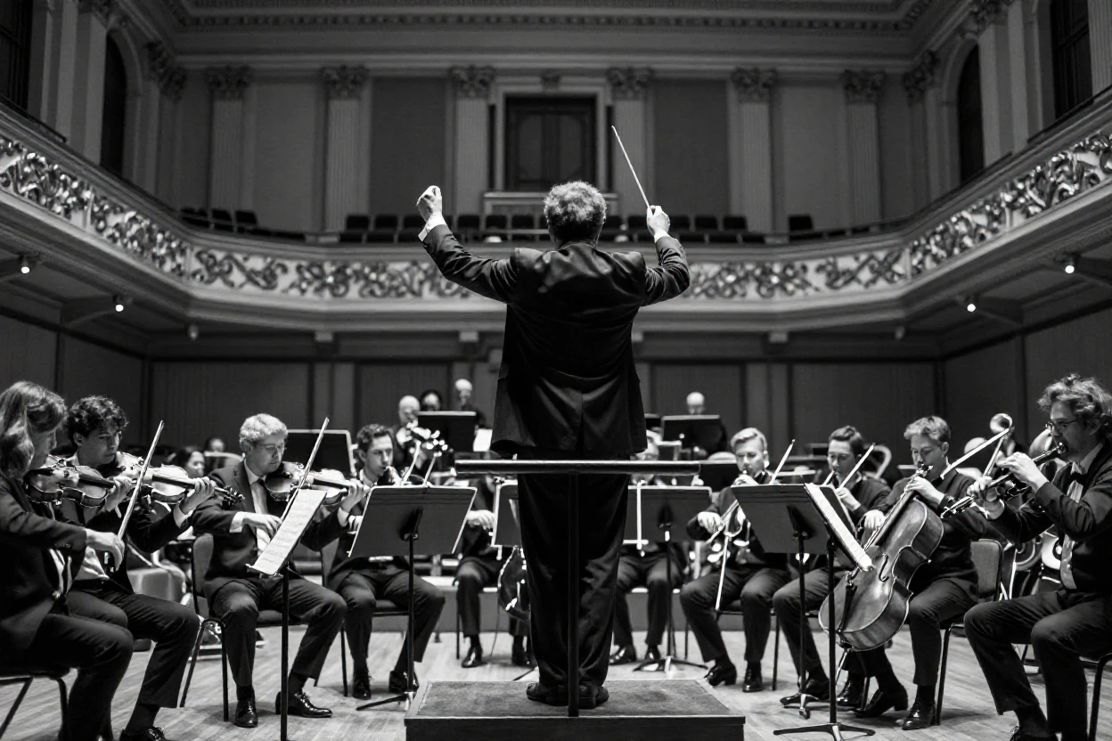 A conductor leads an orchestra through a crescendo at a symphony hall.