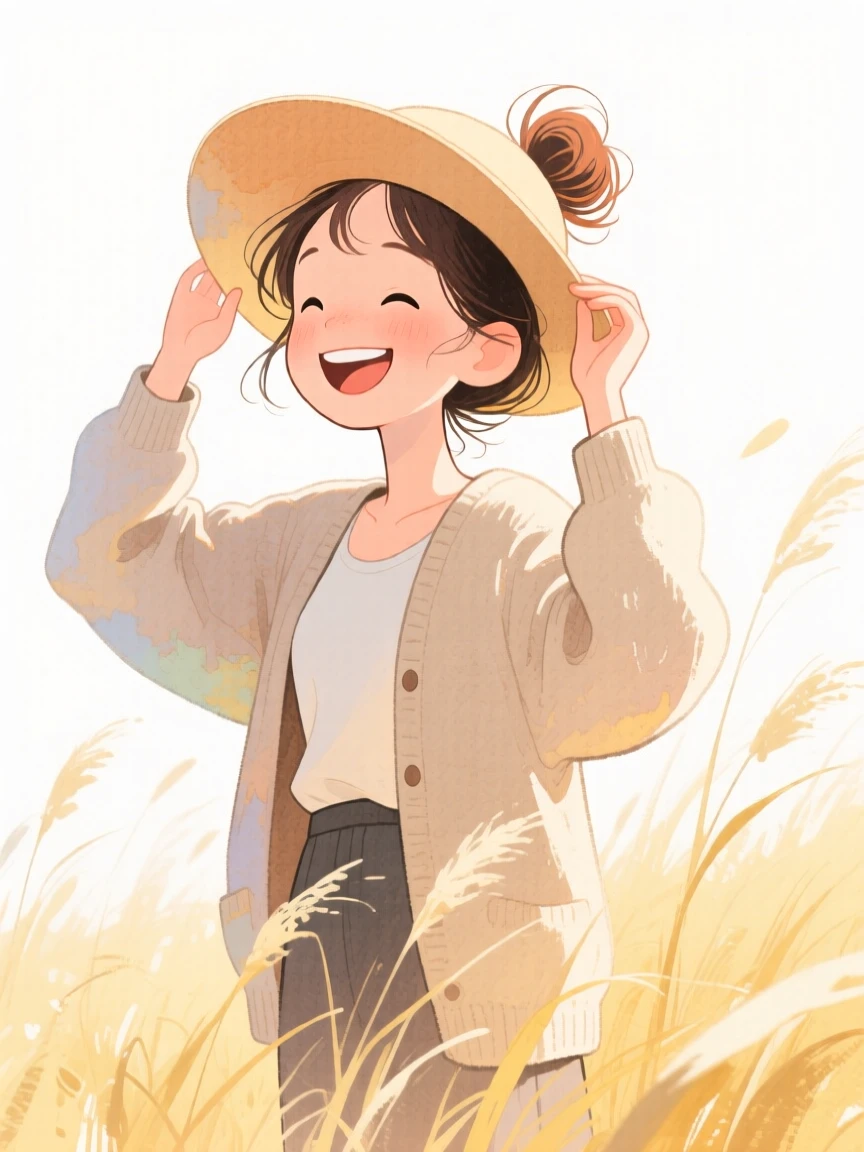 A young woman with a messy top-knot, beaming with joy, wearing a cozy oversized cardigan and adjusting a wide-brimmed sun hat, in a field of tall golden grass
