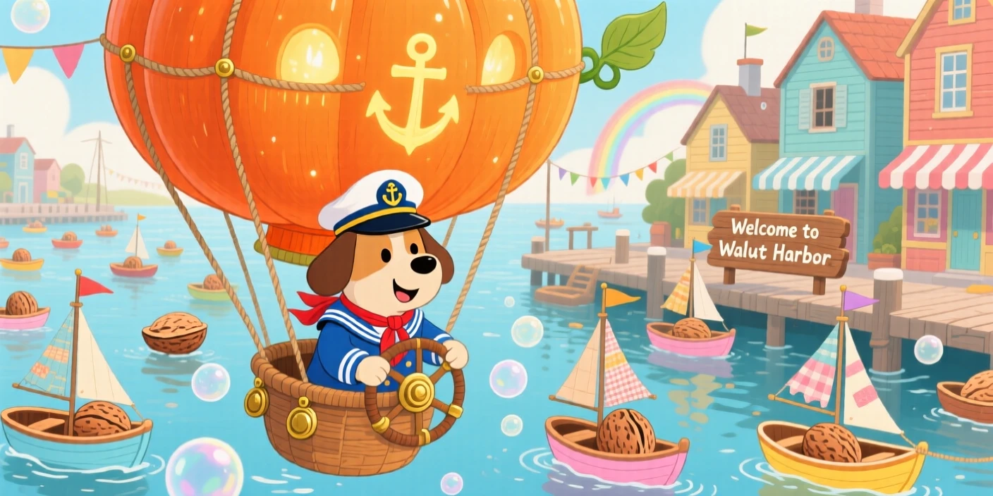 A dog dressed as a sea captain is steering a hot air balloon shaped like a pumpkin in a bustling harbor for walnut-shell boats, as tiny bubbles drift lazily by.