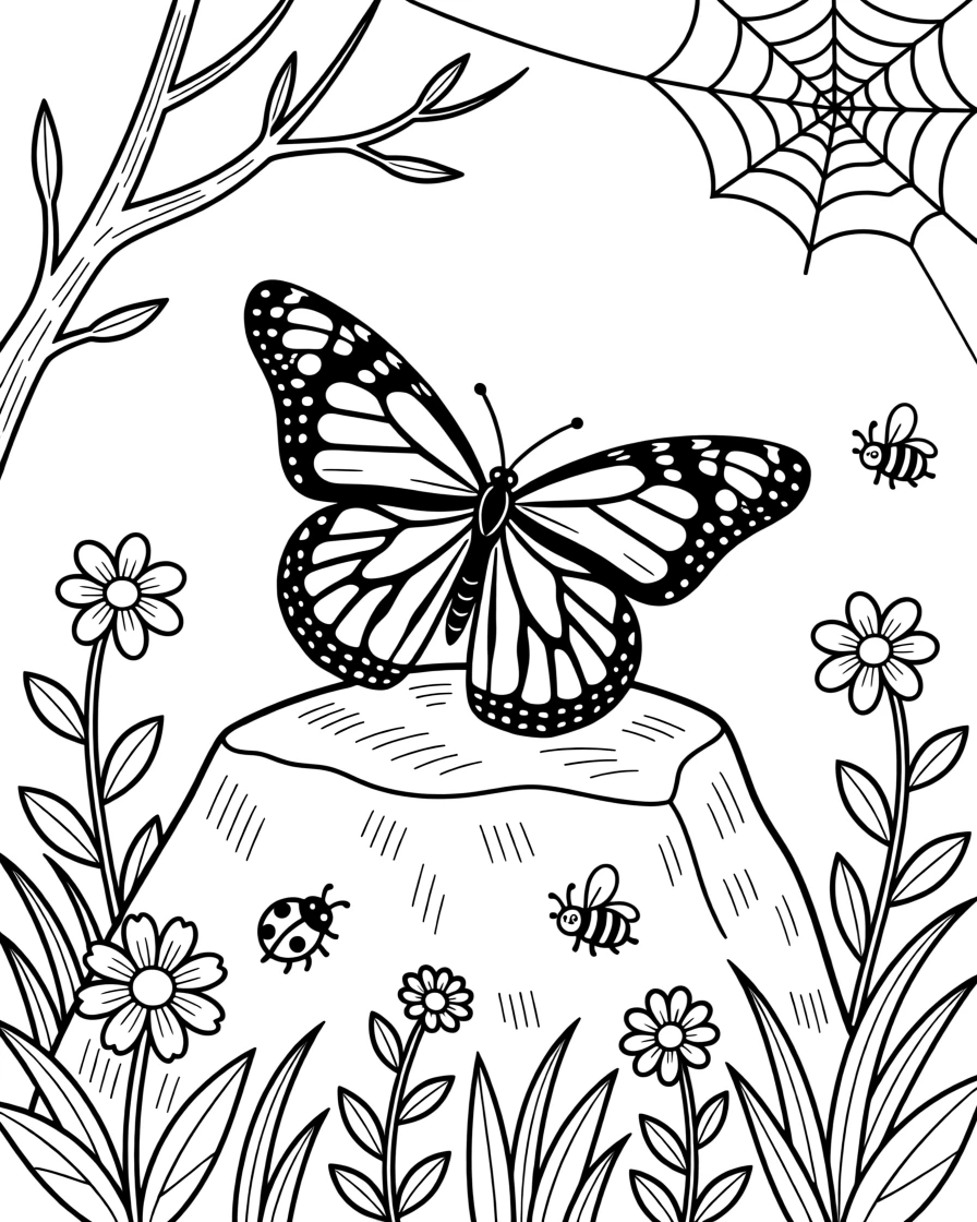 A monarch butterfly basking on a sun-warmed rock, with delicate spider webs strung between branches.