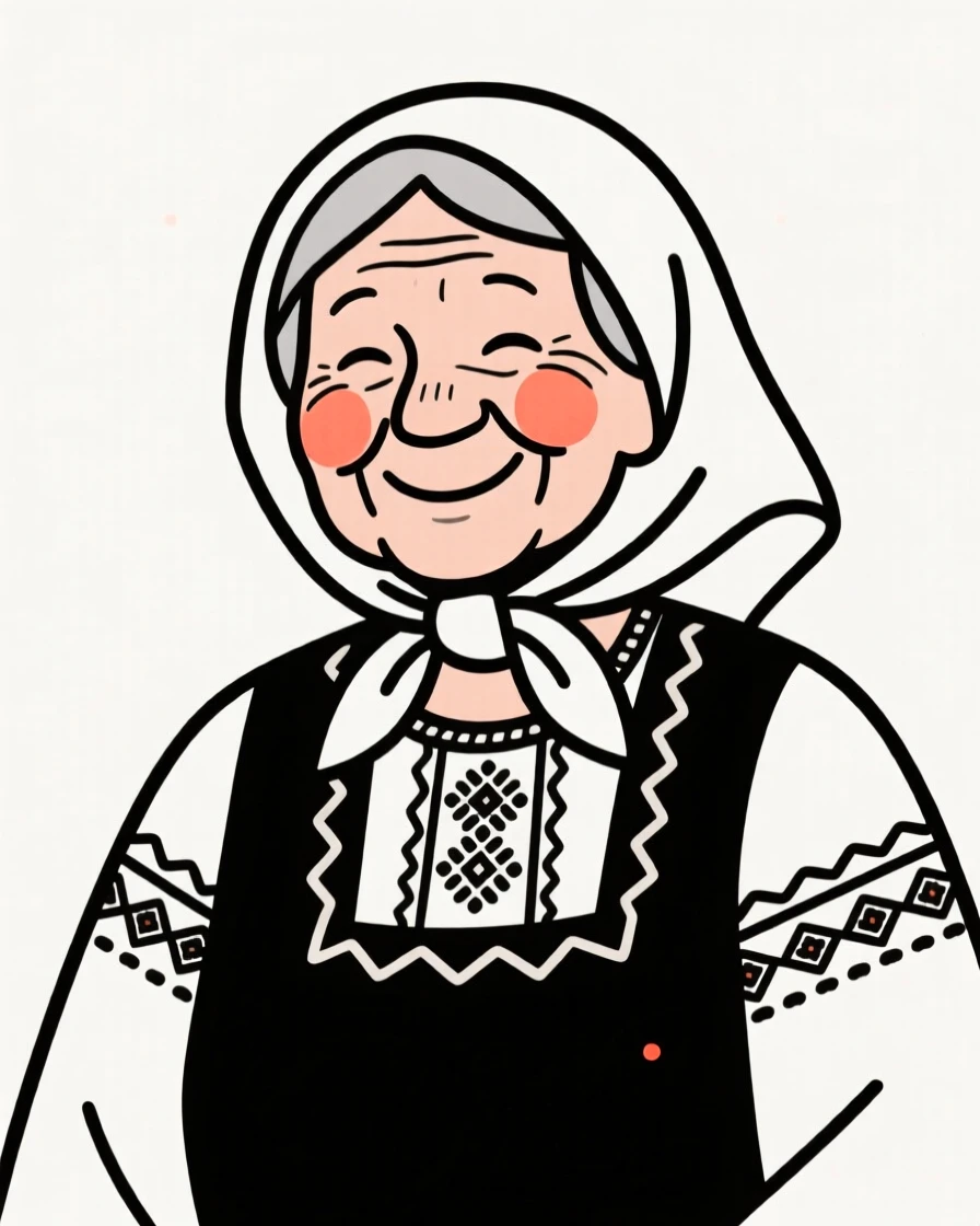 A proud grandmother wearing a Greek folk costume, smiling warmly.