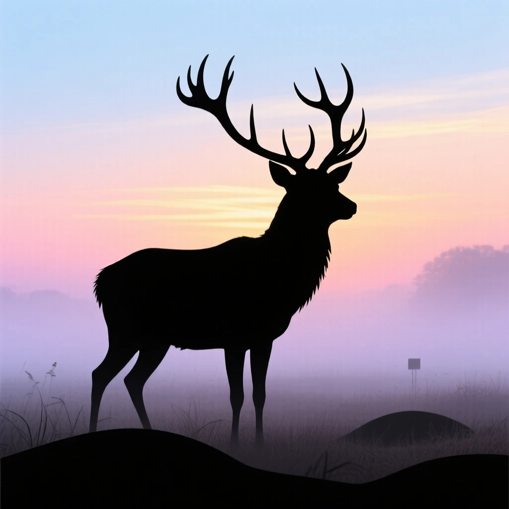 A stag standing in a fog-covered meadow at dawn, antlers silhouetted against the mist.