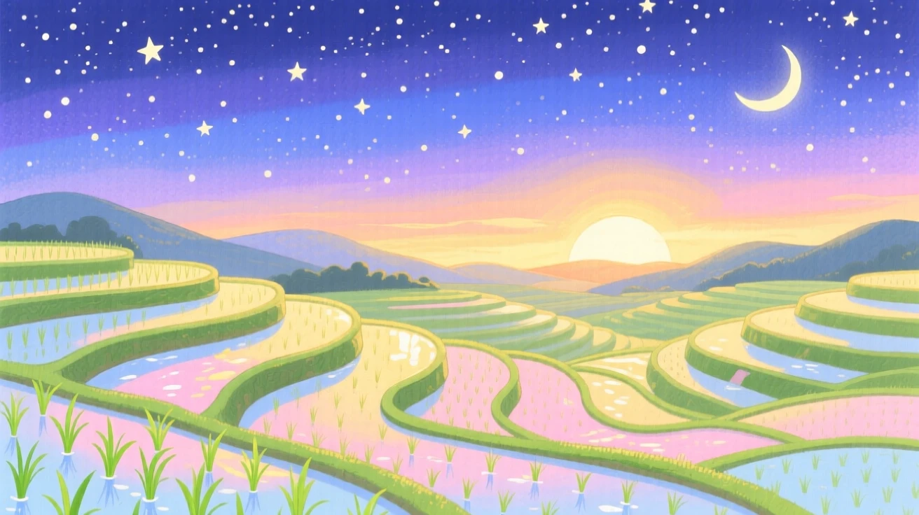 A panoramic scene of a terraced rice field at sunrise beneath a starry night sky.