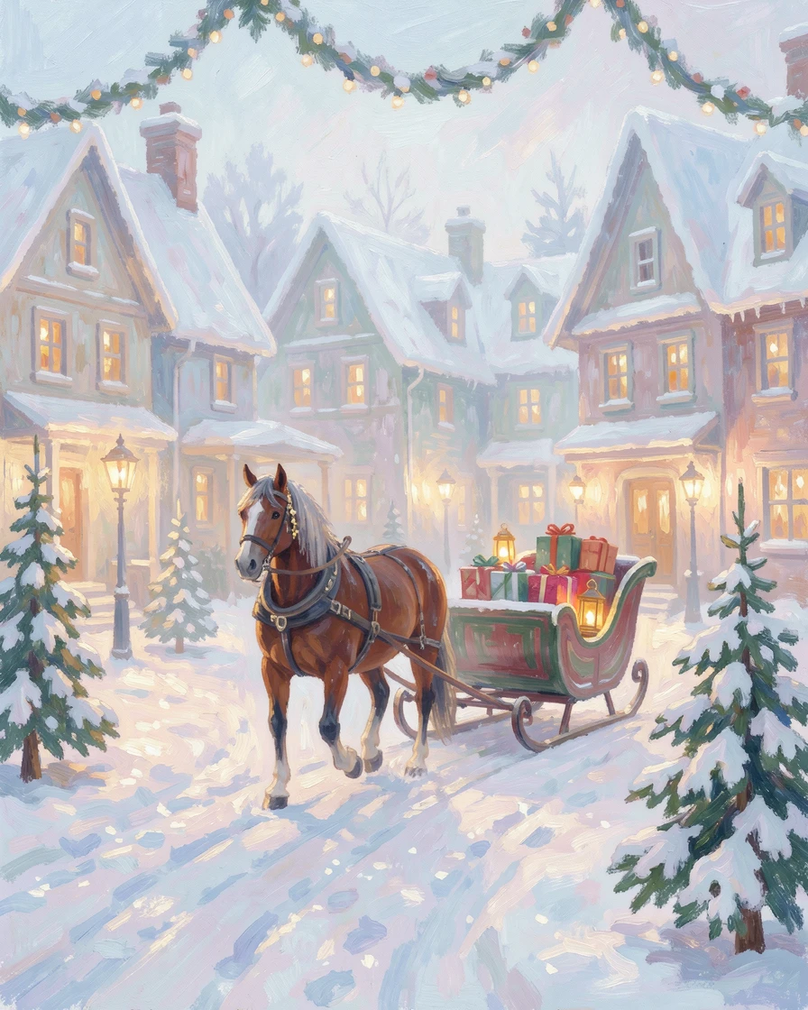 A horse-drawn sleigh gliding through a snow-covered village at Christmas, bells jingling softly.