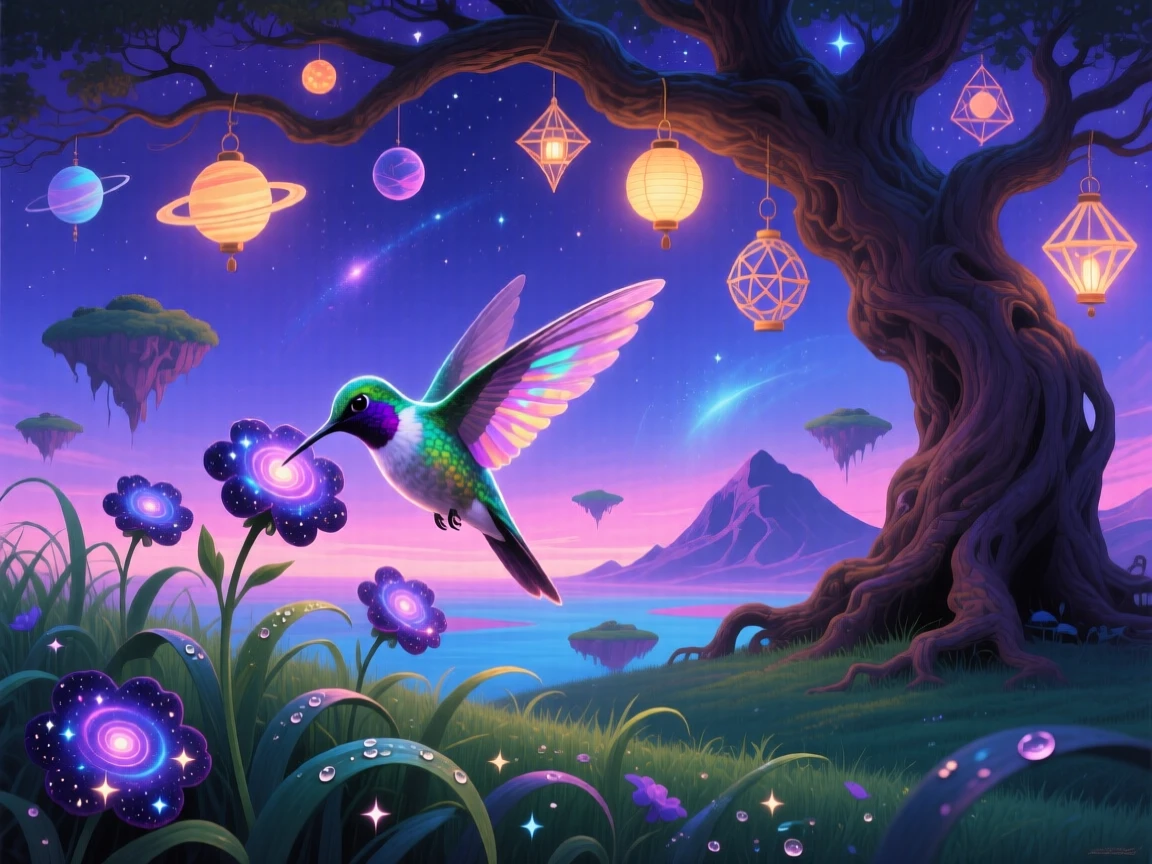 A hummingbird pollinating flowers that bloom into tiny galaxies pauses beneath a tree hung with glowing lanterns, as the surrounding grass bends toward it in reverence.